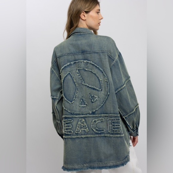 Bluevelvet Tops - Bluevelvet Peace Sign Denim Shirt